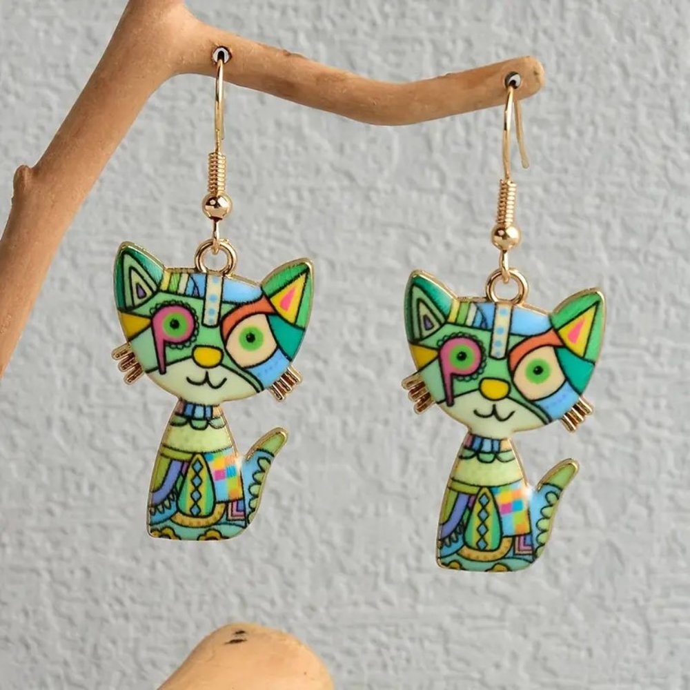 Cat Dangle Earrings Enamel Kitty Trippy Abstract Art Deco Mosaic Unique Trendy